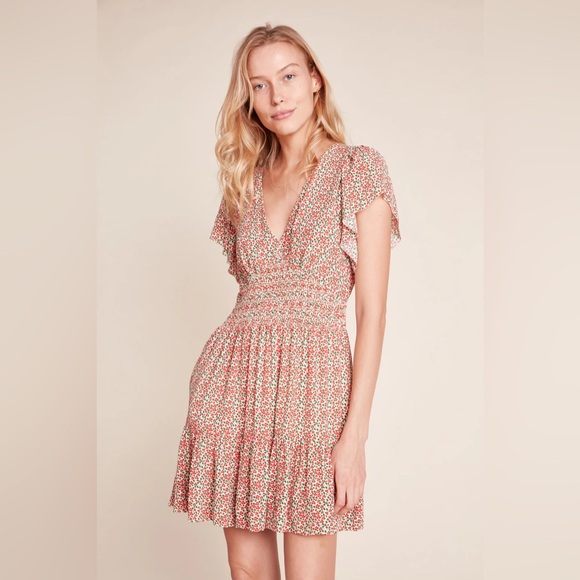 New! Trovata Birds of Paradis Camilla Dress Carmine Ditsy Mini Floral Red Green - Picture 2 of 15